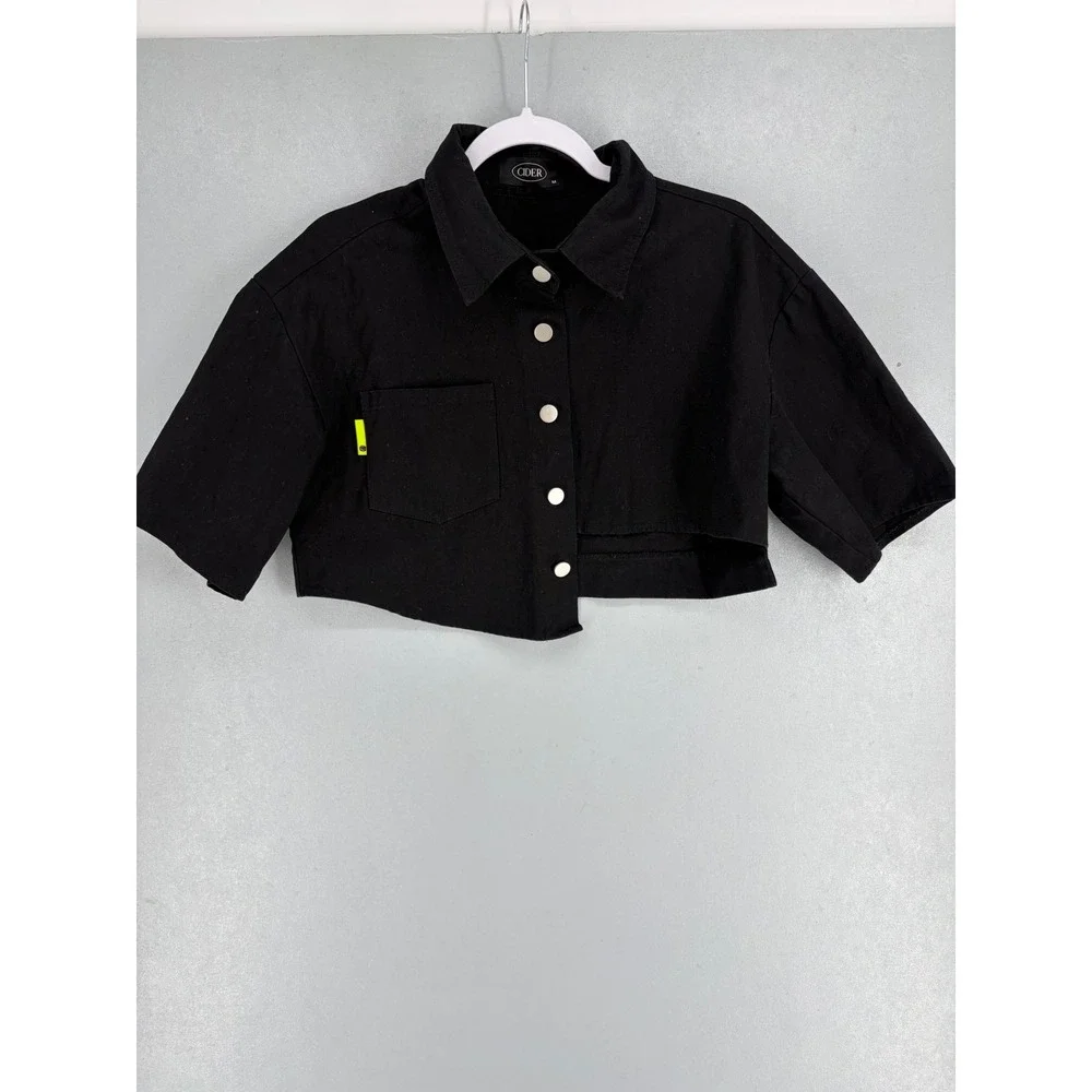 Cider Womens Shirt Black Cropped Asymmetrical Button Front Short Sleeve M - Picture 2 of 4